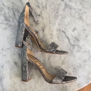 Shiny Silver Snake Print Block Heel Sandal